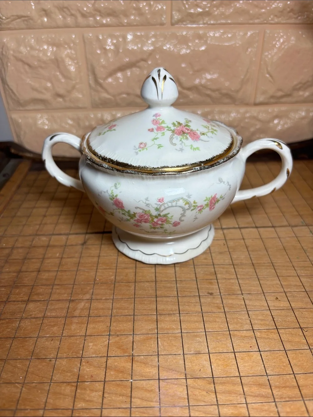 Pope Gosser USA Tureen and Sugar Bowl w Lids Pink Roses Gold Trim Vintage Decor